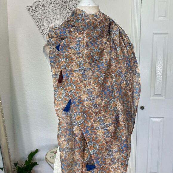 Early 2000's Brown Beige Colorful Tassel Oversized Boho Scarf / Shawl - Picture 3 of 4